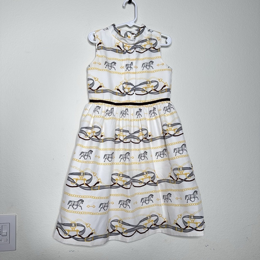 Janie And Jack Girls Sz 6 Equiestrian Dress Jet Ivory Horse Scarf Dress